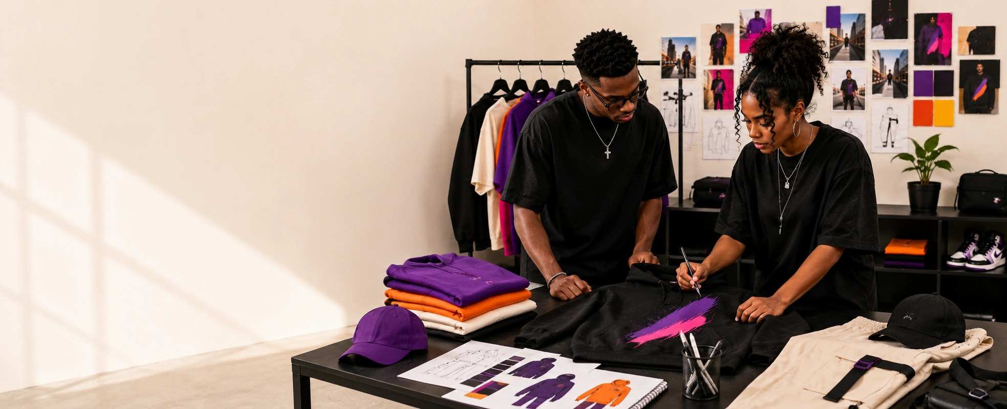 Two ShopwTee creatives reviewing a collection in the design studio