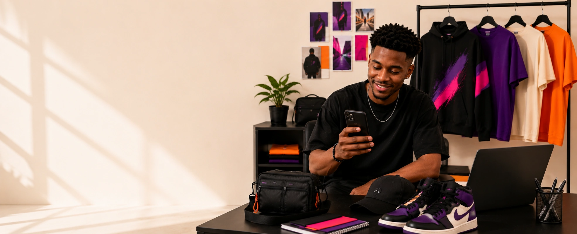 ShopwTee team member holding a phone in a bright streetwear studio