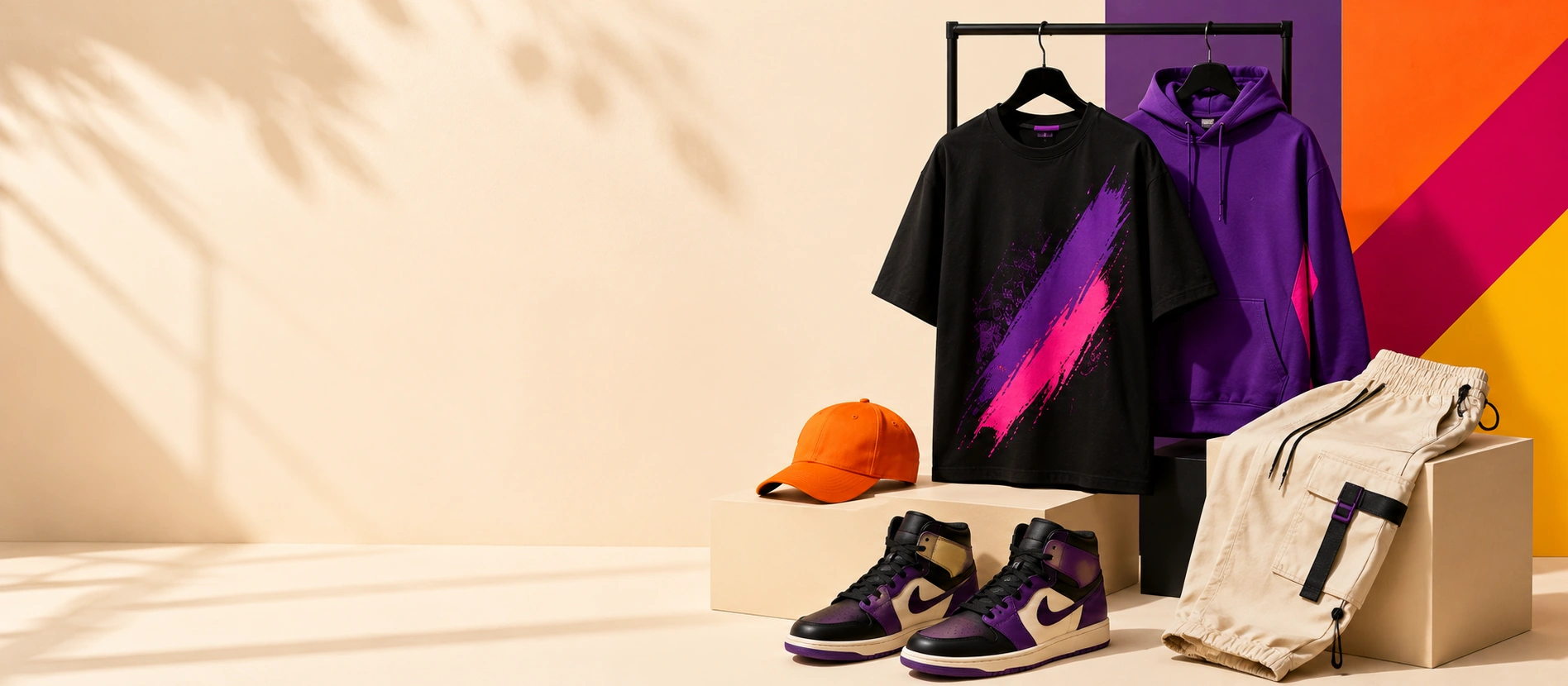 ShopwTee curated product display: tees, hoodies, jackets, cargo pants, bag, cap, belt and sneakers