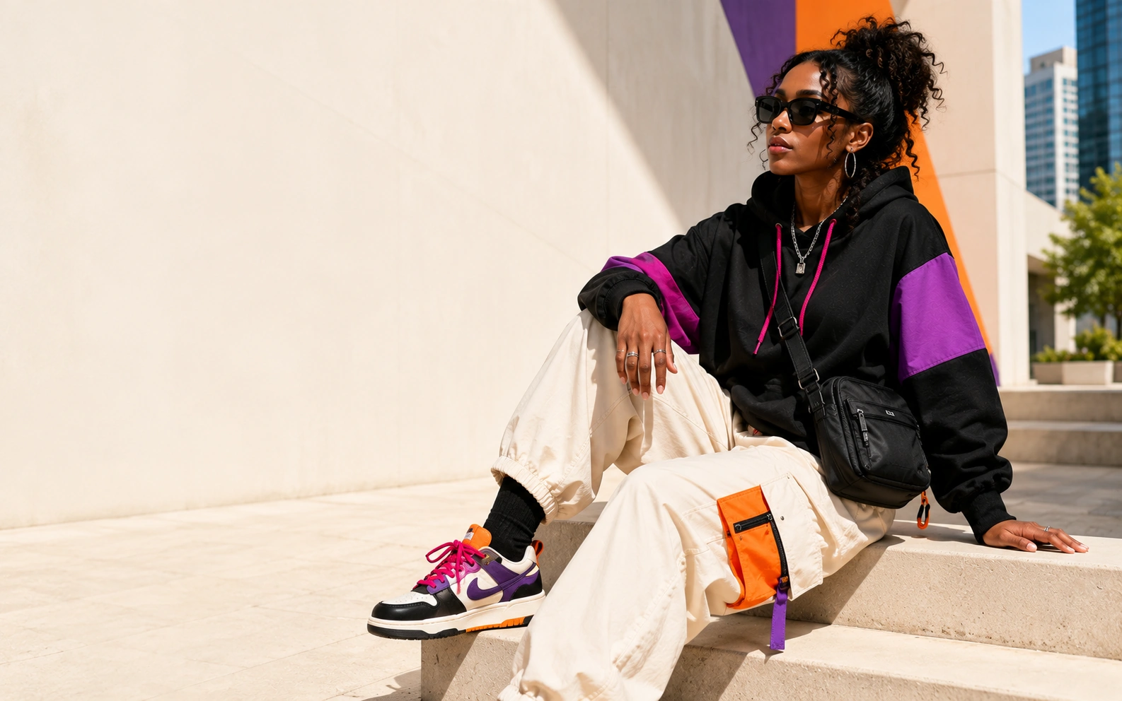 Model in a ShopwTee hoodie seated on architectural steps