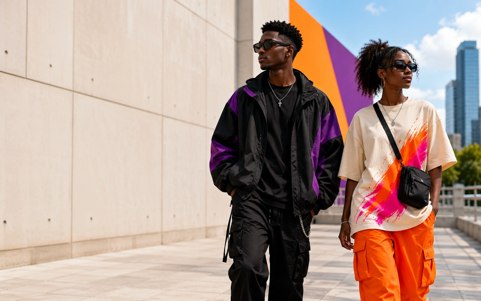 Two models in coordinated ShopwTee streetwear walking through a bright mural-backed plaza