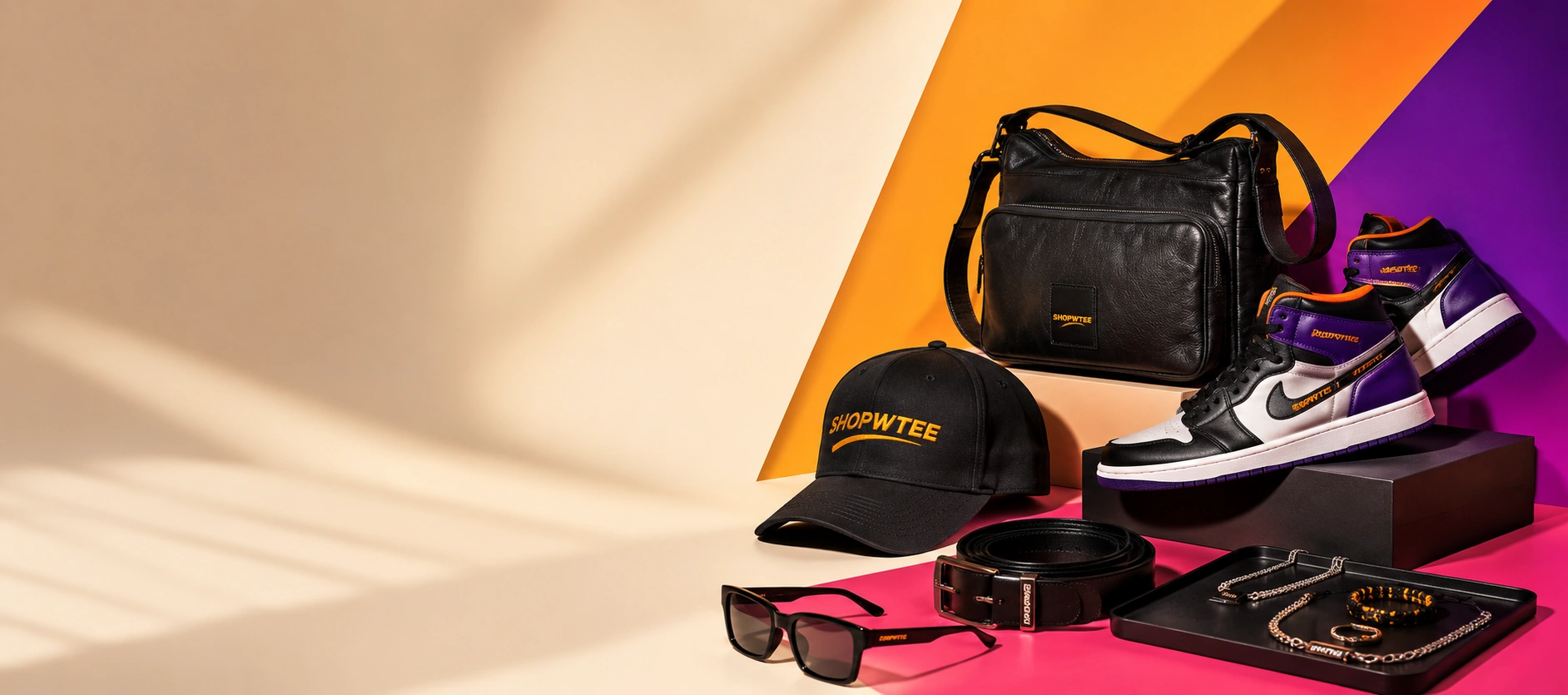 ShopwTee accessories still life: bag, cap, sneakers, belt and sunglasses